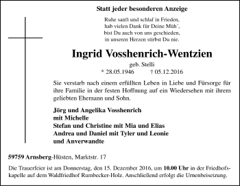 Traueranzeige von Ingrid Vosshenrich-Wentzien von Tageszeitung