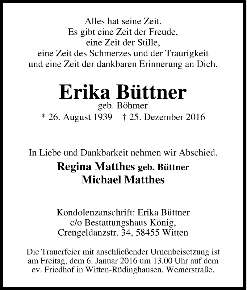 Traueranzeigen von Erika Büttner TrauerinNRW.de