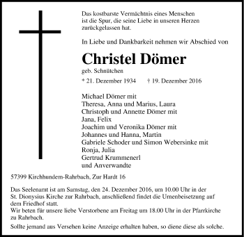 Traueranzeige von Christel Dömer von Tageszeitung