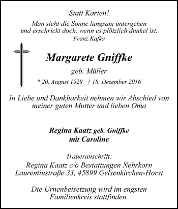 Traueranzeige von Margarete Gniffke von Tageszeitung