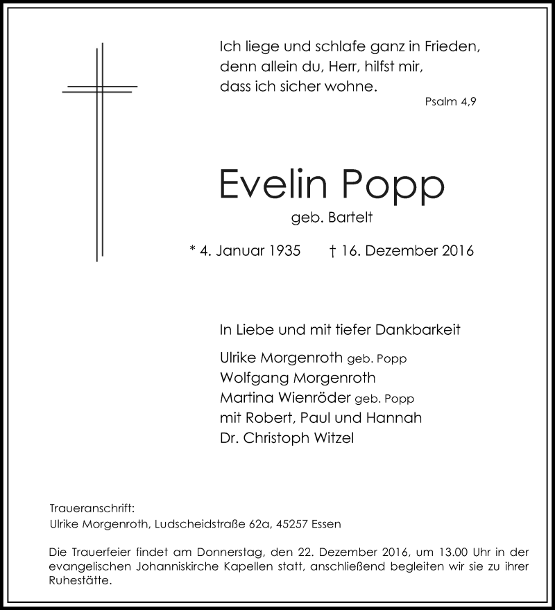  Traueranzeige für Evelin Popp vom 21.12.2016 aus Tageszeitung