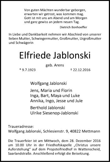 Traueranzeige von Elfriede Jablonski von Tageszeitung