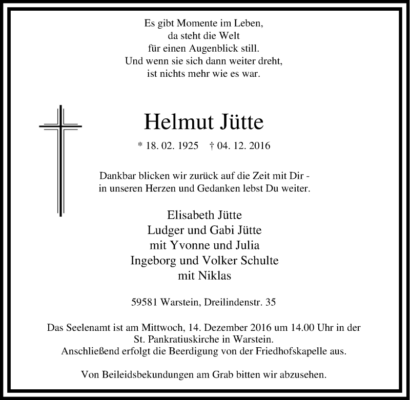  Traueranzeige für Helmut Jütte vom 07.12.2016 aus Tageszeitung