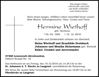 Traueranzeige von Hermine Wiethoff von Tageszeitung