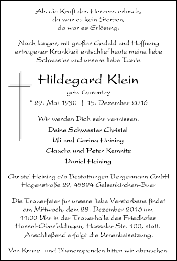Traueranzeige von Hildegard Klein von Tageszeitung