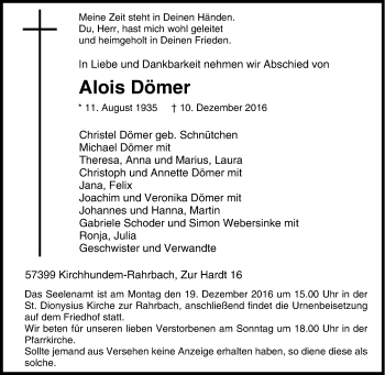 Traueranzeige von Alois Dömer von Tageszeitung