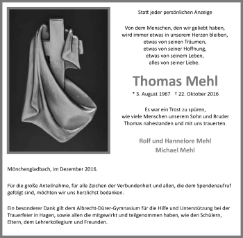 Traueranzeige von Thomas Mehl von Tageszeitung