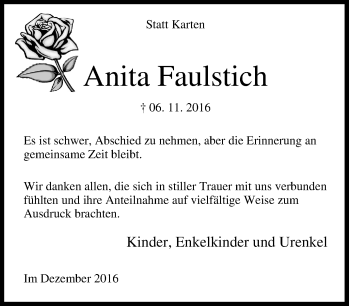 Traueranzeige von Anita Faulstich von Tageszeitung