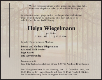 Traueranzeige von Helga Wiegelmann von Tageszeitung