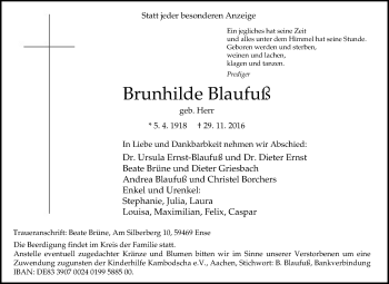 Traueranzeige von Brunhilde Blaufuß von Tageszeitung