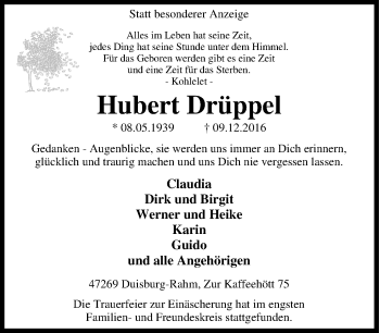 Traueranzeige von Hubert Drüppel von Tageszeitung