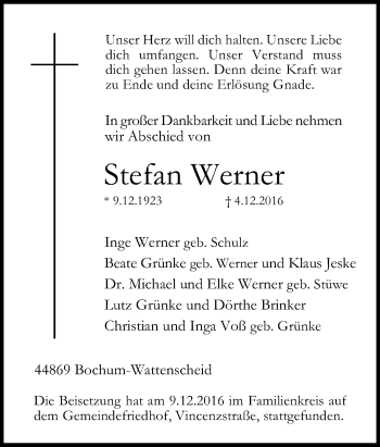 Traueranzeige von Stefan Werner von Tageszeitung