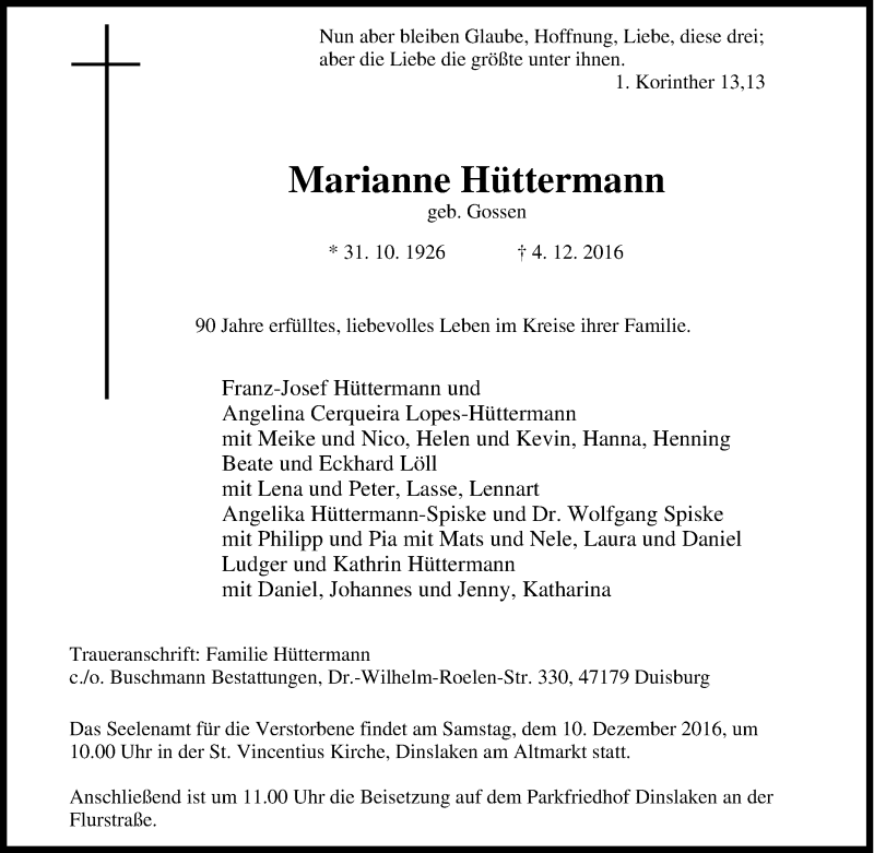  Traueranzeige für Marianne Hüttermann vom 07.12.2016 aus Tageszeitung