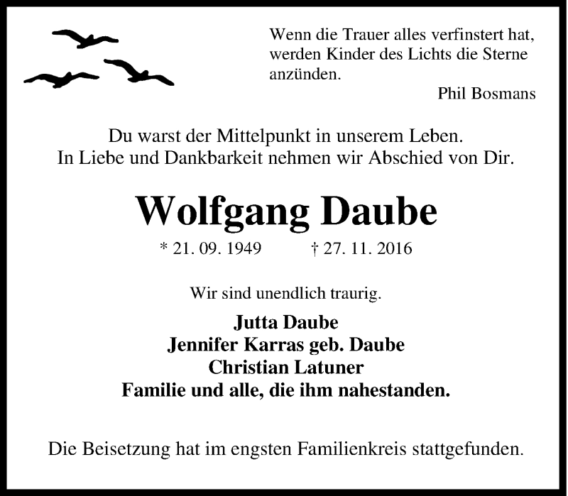  Traueranzeige für Wolfgang Daube vom 12.12.2016 aus Tageszeitung