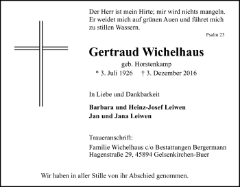 Traueranzeige von Gertraud Wichelhaus von Tageszeitung