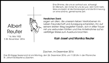 Traueranzeige von Albert Reuter von Tageszeitung