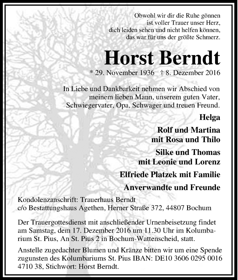 Traueranzeigen von Horst Berndt TrauerinNRW.de