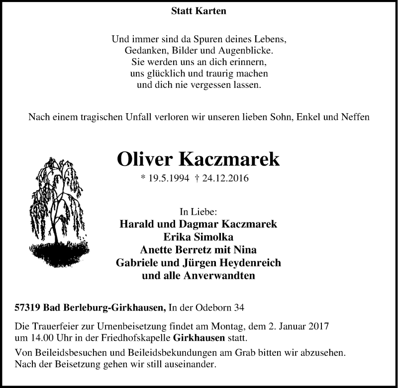 Traueranzeigen von Oliver Kaczmarek TrauerinNRW.de