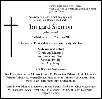 Traueranzeige von Irmgard Siemon von Tageszeitung