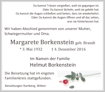 Traueranzeige von Margarete Borkenstein von Tageszeitung