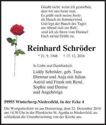 Traueranzeige von Reinhard Schröder von Tageszeitung