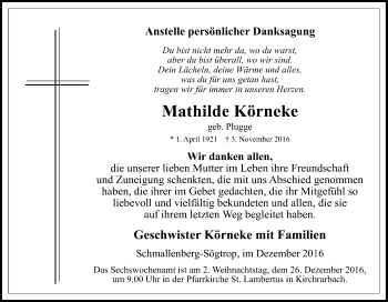 Traueranzeige von Mathilde Körneke von Tageszeitung