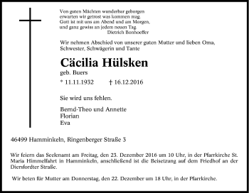 Traueranzeige von Cäcilia Hülsken von Tageszeitung