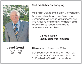 Traueranzeige von Josef Quast von Tageszeitung