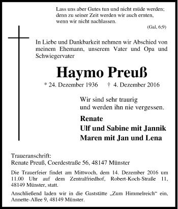 Traueranzeige von Haymo Preuß von Tageszeitung