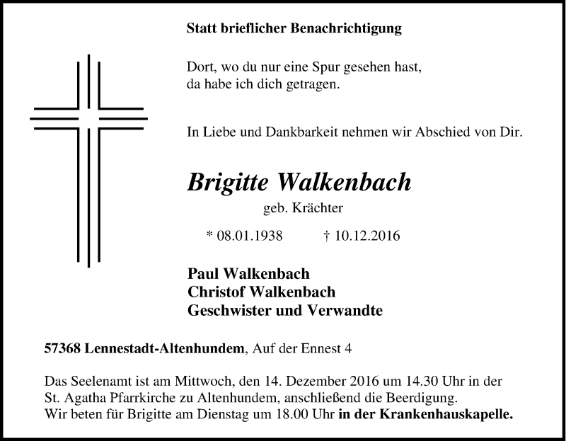  Traueranzeige für Brigitte Walkenbach vom 12.12.2016 aus Tageszeitung