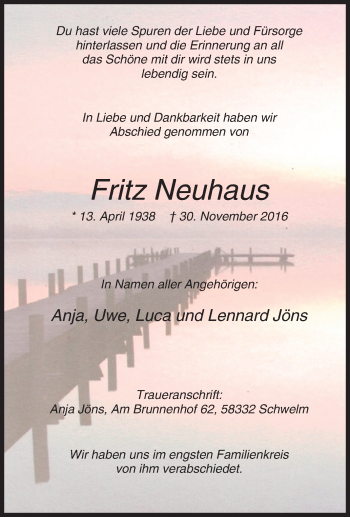 Traueranzeige von Fritz Neuhaus von Tageszeitung
