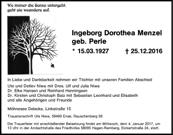 Traueranzeige von Ingeborg Dorothea Menzel von Tageszeitung