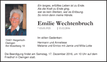 Traueranzeige von Emilie Wechtenbruch von Tageszeitung