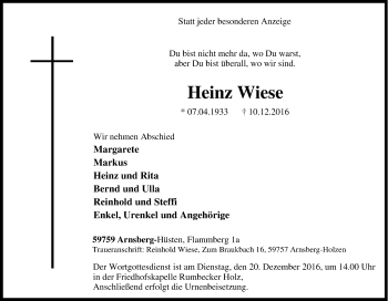 Traueranzeige von Heinz Wiese von Tageszeitung