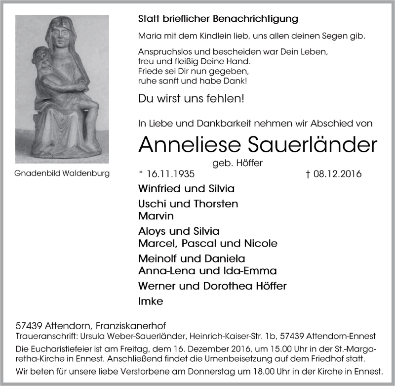  Traueranzeige für Anneliese Sauerländer vom 10.12.2016 aus Tageszeitung