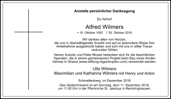 Traueranzeige von Alfred Wilmers von Tageszeitung