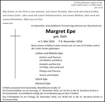 Traueranzeige von Margret Epe von Tageszeitung