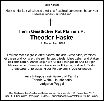 Traueranzeige von Theodor Haske von Tageszeitung