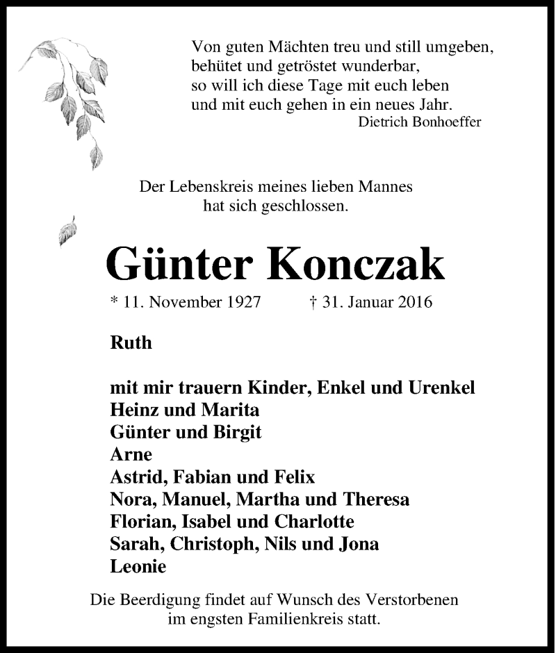  Traueranzeige für Günter Konczak vom 06.02.2016 aus Tageszeitung