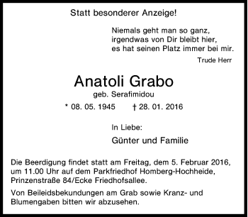 Traueranzeige von Anatoli Grabo von Tageszeitung