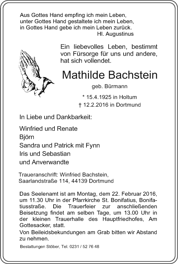  Traueranzeige für Mathilde Bachstein vom 17.02.2016 aus Tageszeitung