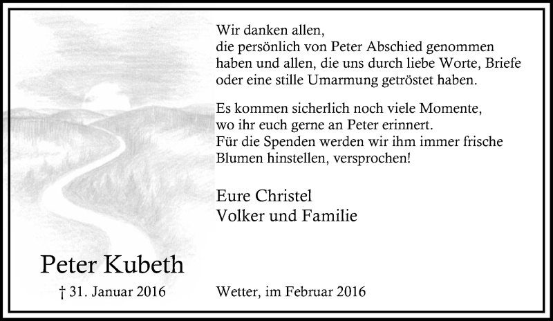  Traueranzeige für Peter Kubeth vom 27.02.2016 aus Tageszeitung