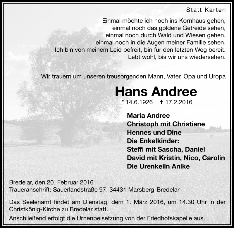  Traueranzeige für Hans Andree vom 20.02.2016 aus Tageszeitung