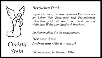 Traueranzeige von Christa Stein von Tageszeitung