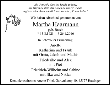Traueranzeige von Martha Haarmann von Tageszeitung