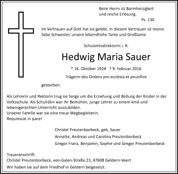 Traueranzeige von Hedwig Maria Sauer von Tageszeitung