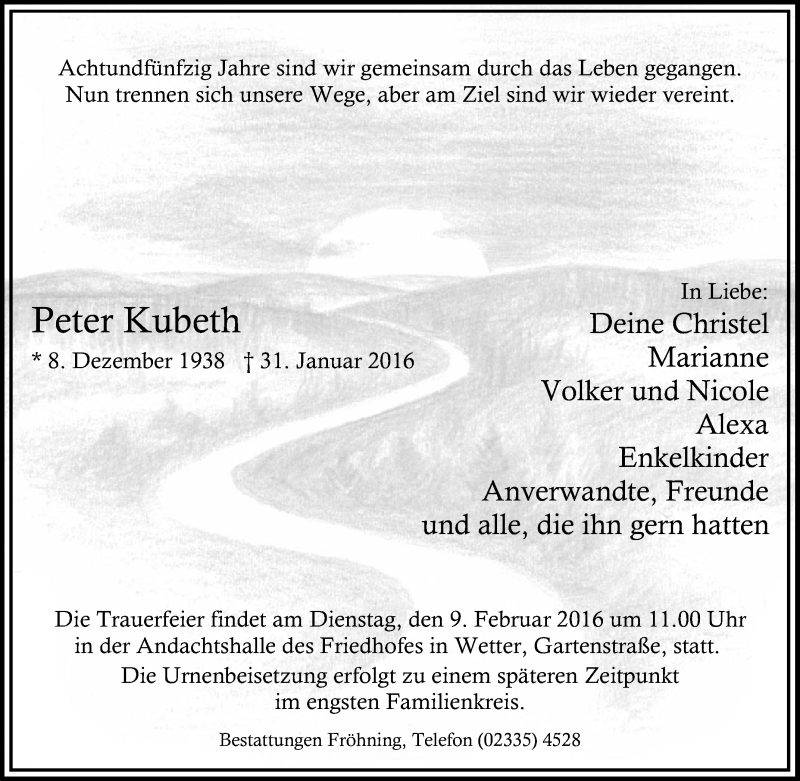  Traueranzeige für Peter Kubeth vom 06.02.2016 aus Tageszeitung