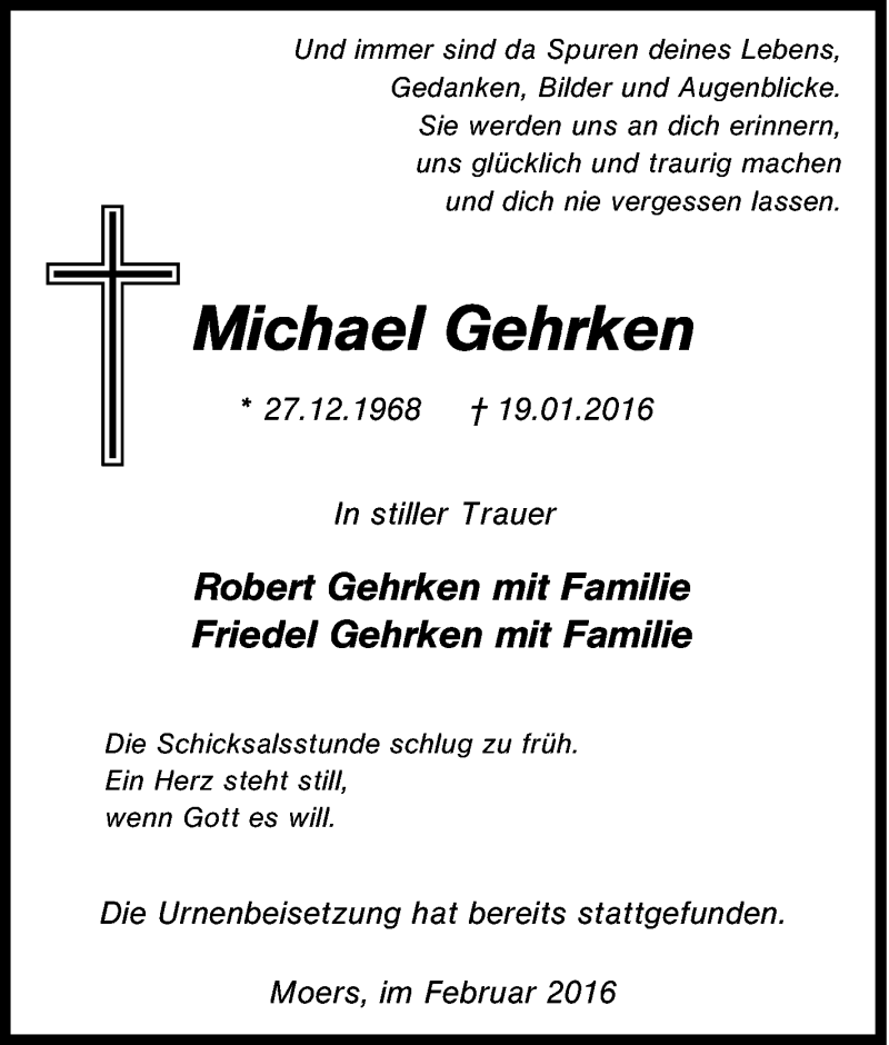  Traueranzeige für Michael Gehrken vom 12.02.2016 aus Tageszeitung