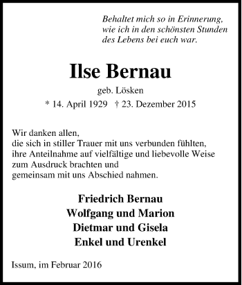 Traueranzeige von Ilse Bernau von Tageszeitung