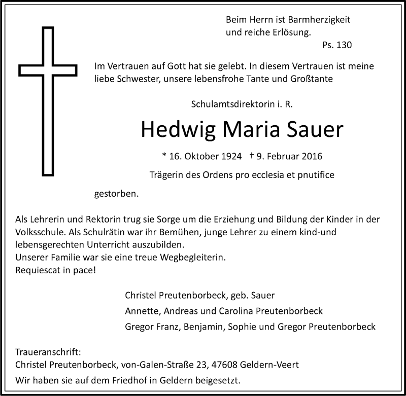  Traueranzeige für Hedwig Maria Sauer vom 20.02.2016 aus Tageszeitung
